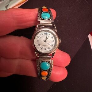 Sterling silver turquoise and stones watch with mother of pearl face quartz